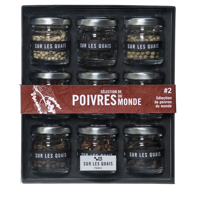 Le coffret poivres du monde plébiscité par les amateurs ! Coffret cadeau  contant 9 Poivres et baies piquantes