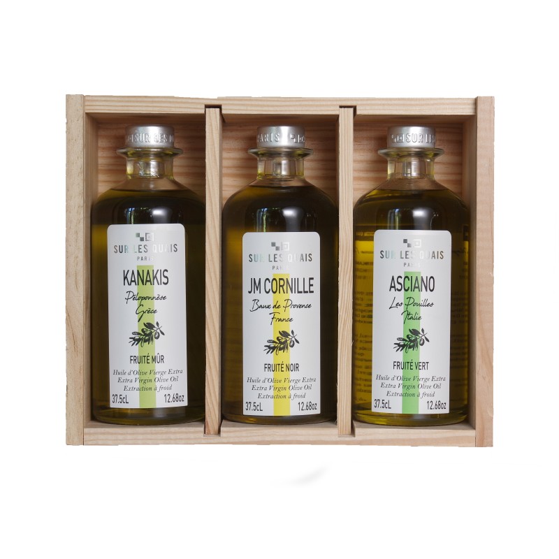 Wooden Box "terroirs d'Huiles" - 3 olive oil from Méditerranée